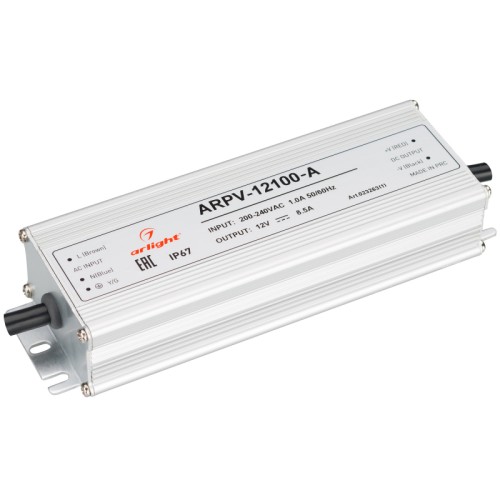 Блок питания ARPV-12100-A (12V, 8.5A, 100W) (Arlight, IP67 Металл, 3 года) Источник напряжения с гальванической развязкой для светодиодных изделий. Входное напряжение 200-240 VAC. Выходные параметры: 12 В, 8,5 А, 100 Вт. Встроенный PFC >0,5. Герметичный алюминиевый корпус IP 67. Рабочая температура -30…+50C⁰. Габаритные размеры длина 182 мм, ширина 59 мм, высота 34 мм. Гарантийный срок 3 года.