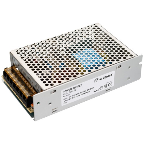 Блок питания ARS-250-24 (24V, 10.4A, 250W) (Arlight, IP20 Сетка, 2 года) Источник напряжения с гальванической развязкой для светодиодных изделий. Входное напряжение 185-264 VAC. Выходные параметры: 24 В, 10,4 А, 250 Вт. Встроенный PFC >0,5. Негерметичный алюминиевый сетчатый корпус IP 20. Габаритные размеры длина 160 мм, ширина 98 мм, высота 42 мм. Гарантийный срок 2 года.