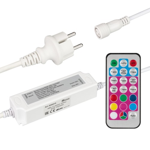 Контроллер ARD-CLASSIC-SYNC-RGB-1000LED White (230V, 80W, RF ПДУ) (Ardecoled, Закрытый) RGB контроллер с ПДУ Карта (18кн) для управления светодиодными гирляндами RGB-SYNC. Динамическая смена режимов свечения гирлянды. Напряжение питания DC 230V, мощность нагрузки 80W. Поддерживает управление до 1000 светодиодов. Общая длина кабеля 1.5 м. Цвет корпуса - белый.