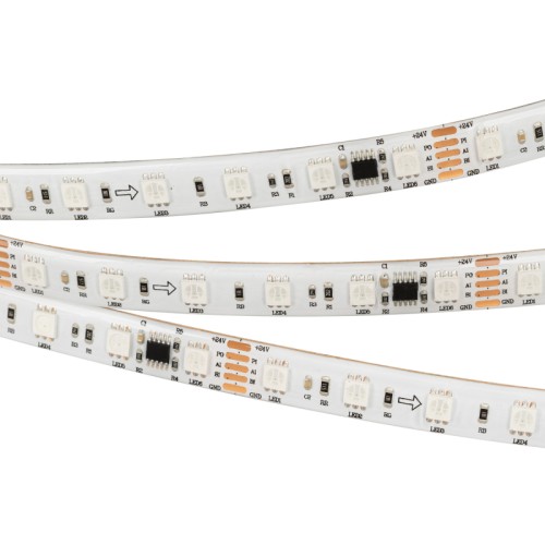 Лента DMX-5000SE-5060-60 24V Cx6 RGB (12mm, 14.4W/m, IP65) (Arlight, Закрытый, IP65) Гибкая лента "Бегущие огни" (IP65) с интерфейсом DMX-512 (драйвер TM512AC4), покрытие Silicone glue (IP65) - для применения в сухих и влажных помещениях. Длина 5м, 300 шт LED RGB 5060. 60LED/m (1 pixel = 6 LED), можно резать отрезками по 100 мм. Адреса выставляются редакторами 029067, 022992. Питание 24V, 14,4 Вт/м (максимально, в режиме белого). Ширина 12 мм. Прямое подкл-е к любым контроллерам DMX-512 (макс. кол-во пикселей - 512 (1536 каналов).