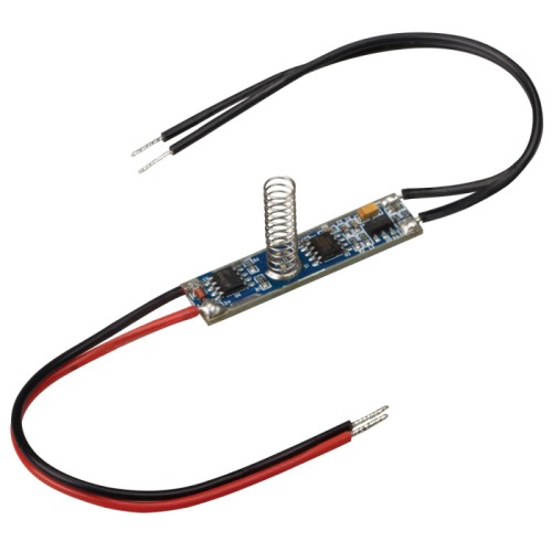 Микродиммер SR-2901S-H20 (12-24V, 36-72W) (Arlight, Открытый) Диммер с подсветкой, встраиваемый в профиль, реагирует на прикосновение к экрану, короткое нажатие - вкл/выкл, длинное нажатие - диммирование. Для профилей с внутренней высотой (пов. профиля - пов. экрана) от 12 до 20 мм. 12-24V, 3A. Размер 42x10x21mm