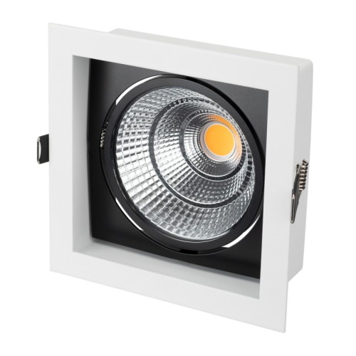 Светильник CL-KARDAN-S152x152-25W Warm3000 (WH-BK, 30 deg) (Arlight, IP20 Металл, 3 года) Поставка под заказ от 100 штук. Встраиваемый карданный светильник. Угол 30° / 25Вт / ТЕПЛЫЙ БЕЛЫЙ 3000K / 2200лм, CRI>90. Корпус из белого алюминия с черными вставками. Питание AC220-240V, 25Вт, 700mA 30-42V, драйвер в комплекте. Размеры LxWxH: 152х152x95мм, отверстие для установки 140x140мм.