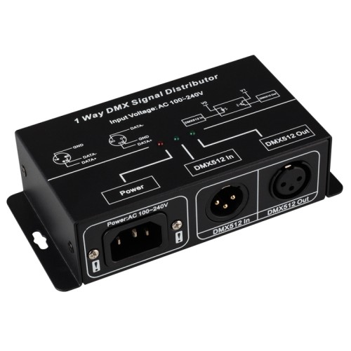 Усилитель DMX-сигнала LN-DMX-1CH (220V) (Arlight, IP20 Металл, 1 год) Для усиления входного DMX-сигнала с оптической изоляцией входа от выхода (>1000V) и возможностью дальнейшего каскадирования выхода DMX на 32 устройства. Размер 144,5х72,5х38 мм