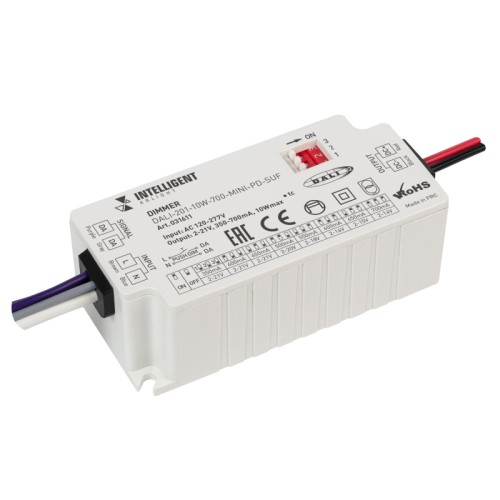 INTELLIGENT ARLIGHT Диммер DALI-201-10W-700-MINI-PD-SUF (230V, 350-700mА) (IARL, IP20 Пластик, 5 лет) Диммируемый источник тока по протоколу DALI с гальванической развязкой для светильников и мощных светодиодов. Входное напряжение 120-277 VAC. Выходные параметры: 2-21В, 350-700 mА, 10 Вт. Встроенный PFC >0,95. Негерметичный пластиковый корпус IP 20. Габаритные размеры длина 75 мм, ширина 35 мм, высота 27 мм. Гарантийный срок 5 лет.
