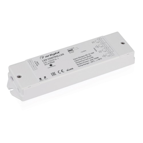 Контроллер SR-1009FA-1 (12-36V, 240-720W) (Arlight, IP20 Пластик, 3 года) Контроллер для светодиодной RGBW ленты (ШИМ). Питание/рабочее напряжение 12-36VDC, максимальный ток 5A на канал, 4 канала, максимальная мощность 240-480W. Винтовые клеммы. Корпус - PVC. Габариты 178х46х18 мм. Управляется пультами и панелями серии SR-1009x (поставляются отдельно). Заменяется на 019672, 019442, 016931.