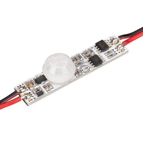 ИК-выключатель SMART-MOTION (12-24V, 1х3А, 50x11mm) (Arlight, IP20 Пластик, 5 лет) ИК-выключатель, встраиваемый в профиль, реагирует на движение. При улавливании движения - включение и выключение света. При пропадании движения - отключение света через ~30сек. Зона срабатывания до 3м. Требуется вырез в экране профиля для работы датчика. Длина кабеля 60мм. Для профилей с внутренней высотой (пов. профиля - пов. экрана) от 10 до 20 мм. 12-24V, 3A. Размер платы 50x11x12мм, размер датчика: D12х10мм.