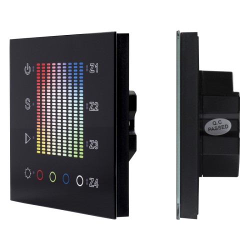 Панель SR-2300TP-IN Black (DALI, RGBW) (Arlight, -) Встраиваемая сенсорная панель RGBW с выходом DALI. 4 группы управления , 4 адреса (RGBW) в каждой группе. Всего 16 адресов управления. Выбор цвета на сенсорном поле, раздельное управление каждым цветом, динамические программы, запись пользовательской настройки в каждой группе. Установка адресов управления выполняется переключателями на корпусе. Питание DC 12-24В. Индикация состояния светодиодами на панели.