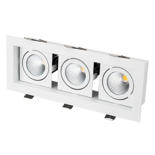 Светильник CL-KARDAN-S260x102-3x9W White (WH, 38 deg) (Arlight, IP20 Металл, 3 года) Встраиваемый карданный светильник. Угол 38° / 3x9Вт / БЕЛЫЙ 6000K / 2240лм, CRI>80. Корпус из белого алюминия. Питание AC180-240V, 27Вт, в комплекте 3 драйвера 200mA 30-45V. Размеры LxWxH: 260х102x85мм, отверстие для установки 240x85мм.