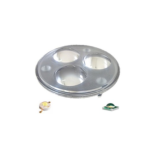 Блок линз 3B3570D (35-70°, 3X LED) (Turlens, -) Блочная линза для мощных светодиодов любого типа (Cree/Emitter), угол обзора: вертикальный 35-70° (угол изменяется высотой установки), прозрачная линза. Материал PMMA, количество светодиодов на плате: 3. Диаметр 50 мм, высота 18.5 мм. 3 ножки, под запайку. Великолепно подходит для RGB-mix смешивания.
