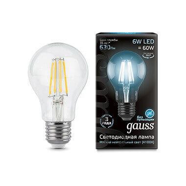 Лампа светодиодная филаментная Gauss E27 6W 4100К прозрачная 1/10/50 102802206 