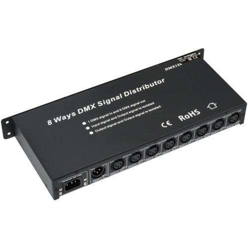 Контроллер-распределитель LN-DMX-8CH (230V) (Arlight, IP20 Металл, 1 год) Сплиттер (контроллер-распределитель) DMX для распараллеливания входного DMX-сигнала на 8 DMX-каналов с оптической изоляцией входа от выхода и всех выходных DMX-каналов друг от друга. Количество подключаемых приемников на каждый выход max. 32. Размер 375х153х40 мм