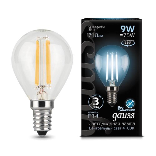 Лампа светодиодная филаментная Gauss E14 9W 4100К прозрачная 105801209 