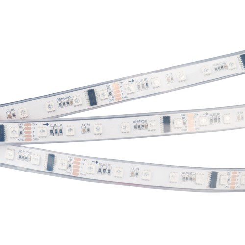 Лента DMX-5000P-5060-60 24V Cx6 RGB (14mm, 12.5W, IP66) (Arlight, Закрытый, IP66) Гибкая лента "Бегущие огни" в силиконовой трубке (IP66) с интерфейсом DMX-512 (драйвер UCS512). Длина 5м, 300 шт LED RGB 5060. 60LED/m (1 pixel = 6 LED), можно резать отрезками по 100 мм. Адреса выставляются редакторами 029067, 019069, 019070, 022992. Питание 24V, 12,5 Вт/м (максимально, в режиме белого). Ширина 14 мм. Герметичные КРУГЛЫЕ коаксиальные коннекторы. Прямое подкл-е к контроллерам DMX-512 (макс. кол-во пикселей - 512 (1536 каналов). Замен-ся на 029760