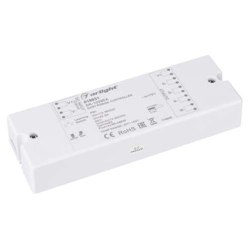 Контроллер SR-1009EA (12-36V, 4x8A) (Arlight, IP20 Пластик, 3 года) Контроллер для светодиодной RGBW ленты (ШИМ). Питание/рабочее напряжение 12-36VDC, максимальный ток 8A на канал, 4 канала, максимальная мощность 384-1152W. Винтовые клеммы. Корпус - PVC. Габариты 168х58х28 мм. Управляется пультами и панелями серии SR-1009x (поставляются отдельно). Список совместимых пультов и панелей смотрите в сопутствующих товарах и в инструкции.