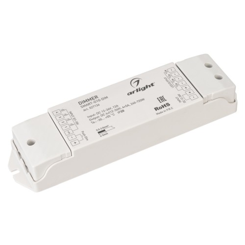 Диммер SMART-D10-DIM (12-36V, 4x5A, 0/1-10V) (Arlight, IP20 Пластик, 5 лет) Диммер для одноцветных источников света (0/1-10V). Синхронное управление 4 каналами. Питание/рабочее напряжение 12-36VDC, входной/выходной ток 4х5А, выходная мощность 240-720W. Корпус - PVC. Габариты 175х45х27 мм.