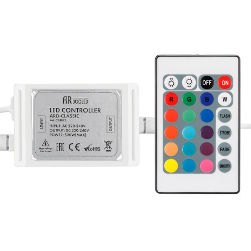 Контроллер ARD-CLASSIC (230V, 520W, ПДУ Карта) (Ardecoled, Закрытый) RGB контроллер с ПДУ Карта (24кн) для управления светодиодными гирляндами серии CLASSIC и синхронизации их работы. Динамическая смена режимов свечения гирлянды. Напряжение питания AC 230V, мощность нагрузки 520W, ток нагрузки 3*0.75A. Степень защиты от воздействия окружающей среды IP65. Габариты 79x53x25.
