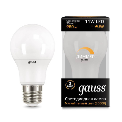 Лампа светодиодная диммируемая Gauss E27 11W 3000K матовая 102502111-D 