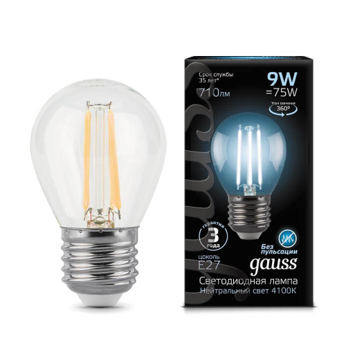 Лампа светодиодная филаментная Gauss E27 9W 4100К прозрачная 105802209 