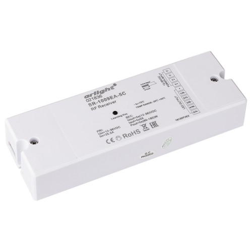 Контроллер SR-1009EA-5CH (12-36V, 300-900W) (Arlight, IP20 Пластик, 3 года) Контроллер для светодиодной RGB+CCT светодиодных лент (ШИМ). Питание/рабочее напряжение 12-36VDC, максимальный ток 5A на канал, 5 каналов, максимальная мощность 300-900W. Винтовые клеммы. Корпус - PVC. Габариты 168х58х28 мм. Управляется пультом 021835 (поставляются отдельно). Аналогичные номиналам и функционалу устройства в серии SMART (устройства не совместимы).