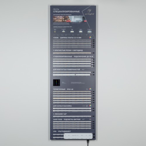 Стенд Ленты Специализированные RT-LUX-E3-1760x600mm (v.2, DB 3мм, пленка, подсветка) (Arlight, -) Стенд светодиодные ленты Специализированные - узкие, герметичные, волна и другие 12/24В, 30 моделей (ряды #60-#89).
Материал - композит 3 мм, пленка, печать.
Габаритные размеры (Ширина Х Высота Х Глубина), 600х1760х60 мм.
Питание 230 В. Мощность 160 Вт.