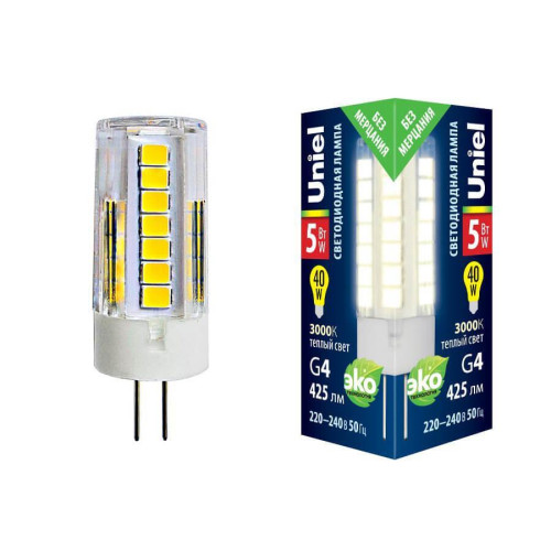 Лампа светодиодная Uniel G4 5W 3000K прозрачная LED-JC-220/5W/3000K/G4/CL GLZ09TR UL-00006744 