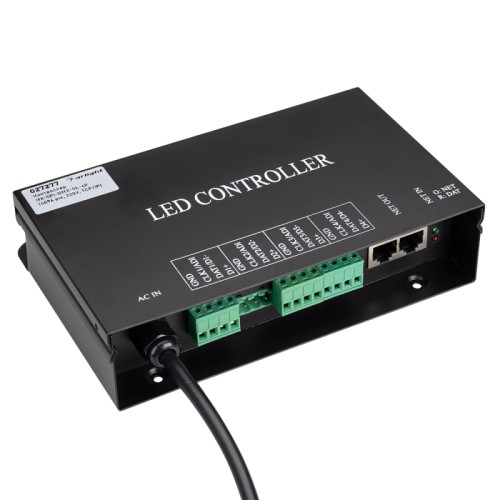 Контроллер HX-SPI-DMX-SL-4P (4096 pix, 220V, TCP/IP, add, ArtNet) (Arlight, IP20 Металл, 2 года) Slave-контроллер для пиксельных модулей и лент. Позволяет воспроизводить динамические эффекты, текст, рисунки, видео. Поддержка протоколов SPI и DMX 512. Управляется Master-контроллером или ПК (ПО LED Studio). Работает с ArtNet, совместим с ПО Madrix, Jinx и др. 4 выходных порта до 4096 пикселей, 2 порта RJ-45 для соединения с Master-устройствами и Slave-устройствами. Длина кабеля между контроллерами 100 м. Запись адресов DMX-микросхем. Напряжение 230 В. Размер 180×125×45 мм.