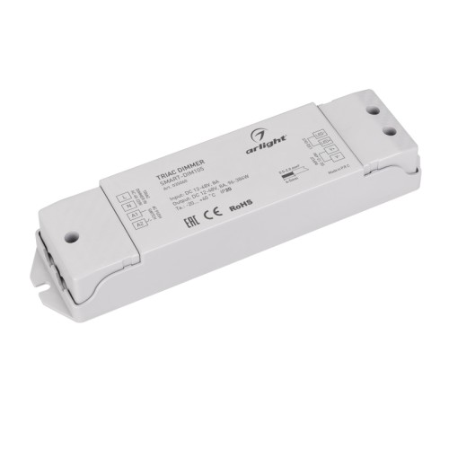 Диммер SMART-DIM105 (12-48V, 8A, TRIAC) (Arlight, IP20 Пластик, 5 лет) Диммер TRIAC для светодиодных лент. Сигнал управления TRIAC 40-220VAC, питание/рабочее напряжение 12-48VDC, максимальный ток 8A, максимальная мощность 96-384W. Винтовые клеммы. Корпус - PVC. Габариты 175x45x27 мм. Управляется стандартными светорегуляторами TRIAC по переднему фронту (LE).