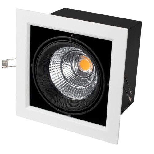 Светильник CL-KARDAN-S190x190-25W Day4000 (WH-BK, 30 deg) (Arlight, IP20 Металл, 3 года) Встраиваемый карданный светильник. Угол 30° / 25Вт / ДНЕВНОЙ 4000K / 2200лм, CRI>90. Корпус из белого алюминия с черными вставками. Питание AC220-240V, 25Вт, 700mA 30-42V, драйвер встроенный. Размеры LxWxH: 190х190x145мм, отверстие для установки 165x165мм.