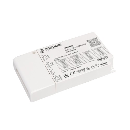 INTELLIGENT ARLIGHT Диммер DALI-201-25W-SUF (230V, 250-1050mА) (IARL, IP20 Пластик, 3 года) Диммируемый источник тока по протоколу DALI с гальванической развязкой для светильников и мощных светодиодов. Входное напряжение 100-240 VAC. Выходные параметры: 15-50В, 250-1050 mА, 25 Вт. Встроенный PFC >0.95. Негерметичный пластиковый корпус IP 20. Габаритные размеры длина 127 мм, ширина 67 мм, высота 23.2 мм. Гарантийный срок 5 лет.