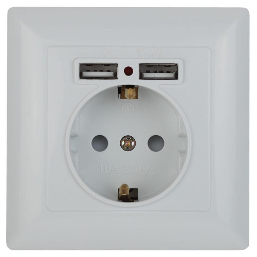 Розетка ЭРА Intro Solo Schuko P+E 16A 250V со шторками 2хUSB белый 4-410-01 Б0043403 