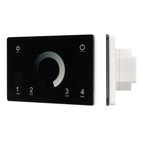 Панель Sens SMART-P79-DIM Black (230V, 4 зоны, 2.4G) (Arlight, IP20 Пластик, 5 лет) Встраиваемая сенсорная панель 2.4 ГГц, цвет черный. Итальянский стандарт. Материал - стекло. Для управления одноцветными источниками света (ШИМ), 4 зоны управления. Функция управления DMX512 устройствами. Питание/рабочее напряжение AC 85-265V. Габариты 120х80х37 мм, устанавливается в стандартный подрозетник. Панель совместима с диммерами серии SMART.