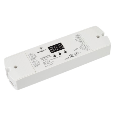 Конвертер SMART-K38-DMX (12-24V, SPI, 2.4G) (Arlight, IP20 Пластик, 5 лет) Конвертер сигнала DMX512 в SPI. Вход - DMX512+RF 2.4GHz, выход SPI (TTL), напряжение питания DC 12-24V. Максимально 1024 пикселей. На корпусе цифровой монитор. Габариты 170х50х23 мм. Совместим с пультами SMART.