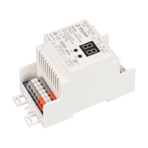 INTELLIGENT ARLIGHT Диммер DALI-104-1.5kHz-PD-DIN (12-36V, 4х5А) (IARL, DIN-рейка) DALI диммер на 4 адреса, для RGB+W светодиодных лент, 4 синхронных/раздельных канала. ШИМ - 1500 Гц. DT6 тип, каждый канал имеет свой адрес. Подходит для ответственных применений, студий. Управляется сигналом DALI или кнопками PUSH DIM. Питание\выход 12-36VDC. Макс.ток 4x5A. Макс. мощность 4x(60-180)W. Размеры 98x65x53 мм, установка на DIN-рейку