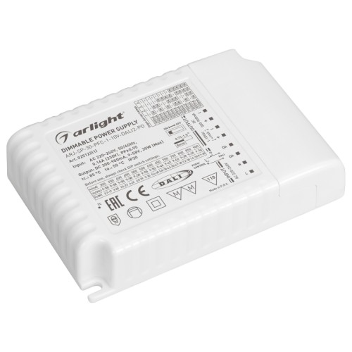 Блок питания ARJ-SP-30-PFC-1-10V-DALI2-PD (30W, 300-900mA) (Arlight, IP20 Пластик, 5 лет) Диммируемый источник тока по протоколу DALI 2.0 (диапазон 2-100%) и 1-10V (диапазон 2%-100%) с гальванической развязкой для светильников и мощных светодиодов. Входное напряжение 220-240 VAC. Выходные параметры: 9-58 В, 300-900 mА, 30 Вт. Встроенный PFC >0.9. Негерметичный пластиковый корпус IP 20. Габаритные размеры длина 103 мм, ширина 67 мм, высота 22 мм. Гарантийный срок 5 лет.