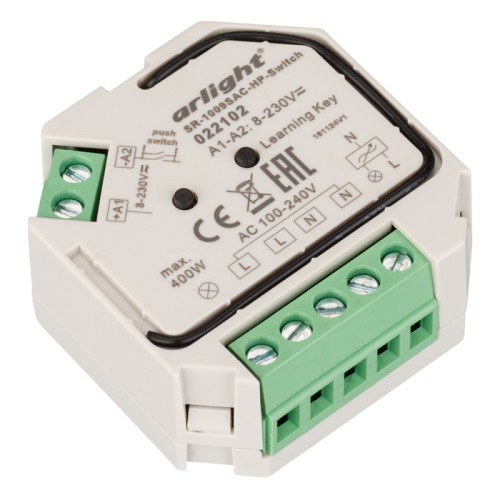Контроллер-выключатель SR-1009SAC-HP-Switch (230V, 1.66A) (Arlight, IP20 Пластик, 3 года) Выключатель для токовых драйверов для светильников и гибкого неона на 220V, а также для ламп накаливания и галогенных на 220 В. Коммутируемая мощность макс. 400 Вт (1 канал 1.66А). Выход - триак (симистор). Управление с помощью пультов серии SR-2819x, SR-2833x или настенного выключателя без фиксации. Установка под настенный выключатель. Размер 44x45x20 мм. Питание 100-240VAC.