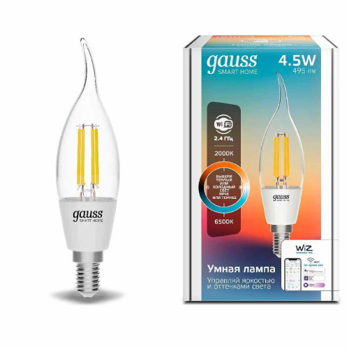 Лампа светодиодная диммируемая филаментная Gauss E14 4,5W 2000-6500K прозрачная 1280112 