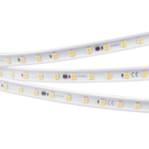 Лента герметичная ARL-PV-B54-15.5mm 230V Warm2700 (8 W/m, IP65, 5060, 50m) (Arlight, -) Cветодиодная лента AC230V (бобина 50м) ARL-PV-B54, герметичная IP65 (PV-трубка ПВХ экструзия). Светодиоды 5060, 54 шт/м (2700 шт на 50 м), белая плата, ширина 15.5 мм. Цвет ТЕПЛЫЙ 2700 K, цветопередача CRI>90, угол 120°. Питание 230V, мощность 8 Вт/м (400 Вт на 50 м). Размеры 50000x15.5x6 мм. Мин.отрезок 500 мм, 27 светодиодов. Цена за 1м. Лента крепится с помощью скоб (приобретаются отдельно), 3M скотч отсутствует.