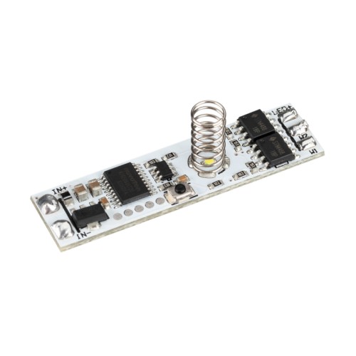 Выключатель SR-IRIS-SN-MIX (12-24V, 1x5A, 42x11mm) (Arlight, Открытый) Выключатель с сенсорной регулировкой цветовой температуры (с подсветкой, есть возможность регулировки яркости и отключение подсветки зоны сенсора), встраиваемый в профиль. Реагирует на прикосновение к экрану. Короткое нажатие - плавное включение и выключение света. Длинное нажатие - плавное изменение цветовой температуры. Для профилей с внутренней высотой 10мм. 12-24V, 5A. Размер 42x10x12мм.