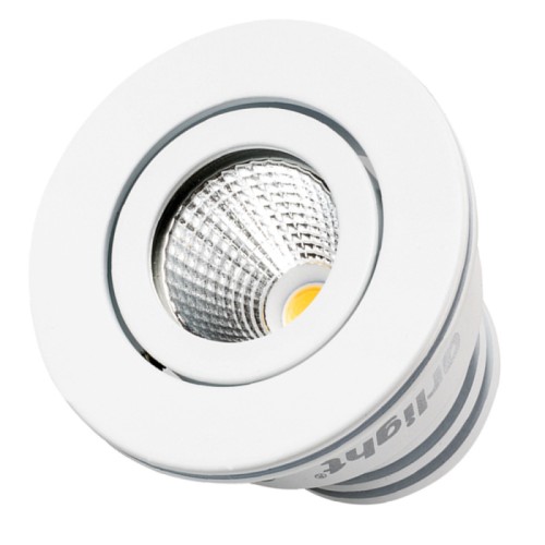 Светодиодный светильник LTM-R50WH 5W White 25deg (Arlight, IP40 Металл, 3 года) Врезной круглый мебельный светильник 5Вт, корпус белый алюминий. Цвет БЕЛЫЙ 6000K. Светодиод 1х1W Bridgelux. CRI>80, Св.поток 350-400лм, наклоняемая ось, угол 25°. Питание 110-240VAC, 5Вт, 400mA 11-13V, драйвер в комплекте. Размеры d50x50 мм, врезное отверстие d45 мм.