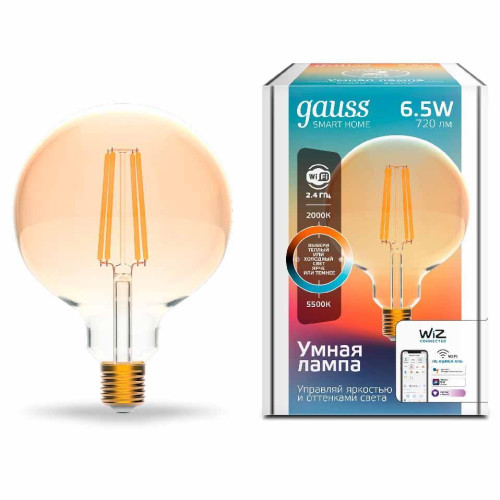 Лампа светодиодная диммируемая филаментная Gauss E27 6,5W 2000-5500K золотистая 1340112 