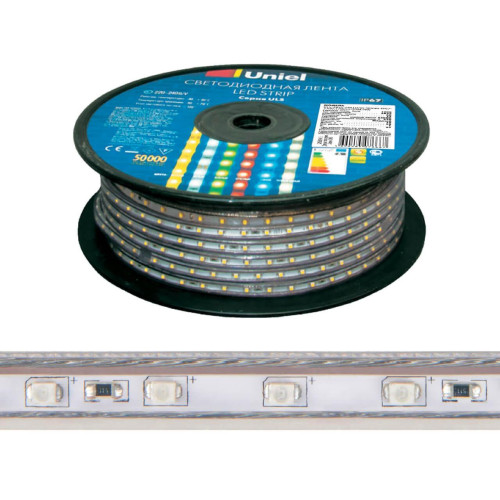 Светодиодная влагозащищенная лента Uniel 10W/m 120LED/m 2835SMD дневной белый 50M ULS-2835-120LED/m-10mm-IP67-220V-10W/m-50M-6500K UL-00006480 