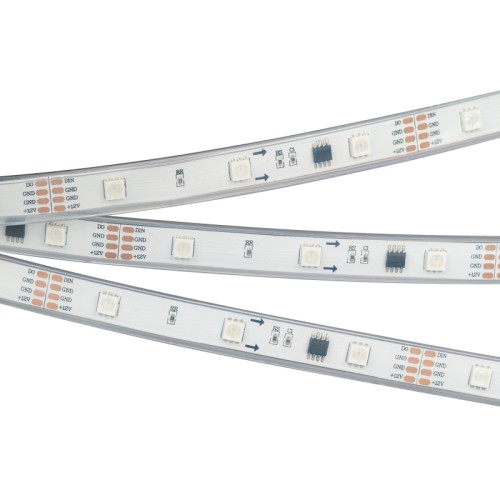 Лента SPI-5000PGS-5060-30 12V Cx3 RGB-Auto (12mm, 6.5W/m, IP67) (Arlight, Закрытый, IP67) Поставка под заказ от 495 м.Герметичная лента «Бегущие огни», в силиконовой трубке с герметиком внутри (IP67), со СКОТЧЕМ 3M на обратной стороне, с драйвером 1804, встроенный в ленту контроллер с циклическим автозапуском 300 программ (Auto mode) и подкл-ем внеш. контроллера. Длина 5м, 150шт LED RGB 5060, 10 pixel/m (1 pixel = 3 LED). Питание 12V, ном. мощн. 5 Вт/м, макс. мощн-ть 6,5 Вт/м (статический белый цвет). Ширина 12 мм. Герметичные КРУГЛЫЕ коннекторы.