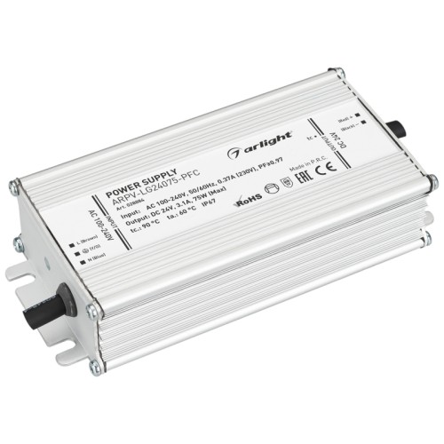 Блок питания ARPV-LG24075-PFC (24V, 3.1A, 75W) (Arlight, IP67 Металл, 5 лет) Источник напряжения с гальванической развязкой для светодиодных изделий. Входное напряжение 200-240 VAC. Выходные параметры: 24 В, 3.1 А, 75 Вт. Встроенный PFC >0.95. Герметичный алюминиевый корпус IP 67. Рабочая температура -40…+70C⁰. Габаритные размеры длина 150 мм, ширина 70 мм, высота 33.5 мм. Гарантийный срок 5 лет.
