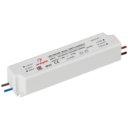 Блок питания ARPV-LV48035-A (48V, 0.8A, 36W) (Arlight, IP67 Пластик, 3 года) Источник напряжения с гальванической развязкой для светодиодных изделий. Входное напряжение 100-240 VAC. Выходные параметры: 48 В, 0,75 А, 36 Вт. Встроенный PFC >0,5. Герметичный пластиковый корпус IP 67. Рабочая температура -20…+50C⁰. Габаритные размеры длина 148 мм, ширина 32 мм, высота 29 мм. Гарантийный срок 3 года.