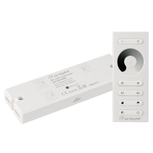 Диммер SR-2839DIM White (12-24 В,120-240 Вт, ПДУ сенсор) (Arlight, IP20 Пластик, 1 год) Однозонный диммер, комплект из пульта RF (868MHz) с сенсорным кольцом и контроллера 12-24 В, 1х10А, 120-240 Вт. Белый корпуc. Размеры пульта 120x48x17 мм, контроллера 145х46х16 мм.
