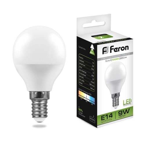 Лампа светодиодная Feron E14 9W 4000K Шар Матовая LB-550 25802 