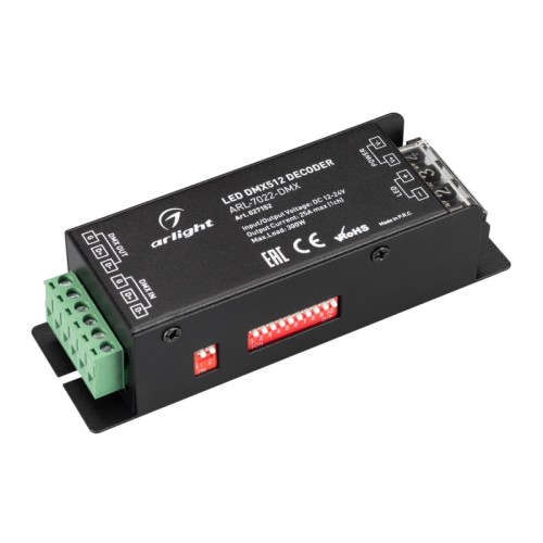 Декодер ARL-7022-DMX (12-24V, 1x25A, DMX512) (Arlight, IP20 Металл, 3 года) Декодер сигнала DMX512 в ШИМ (PWM). Напряжение питания DC 12-24V, 1 канал управления, ток нагрузки до 25А, максимальная мощность 300-600W, винтовые клеммы. Адреса устанавливаются DIP-переключателями на корпусе. Габариты 127х42х33 мм.