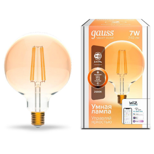 Лампа светодиодная диммируемая филаментная Gauss E27 7W 2500K золотистая 1320112 