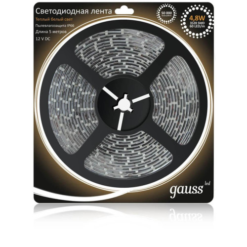Светодиодная влагозащищенная лента Gauss 4,8W/m 60LED/m 2835SMD теплый белый 5M 311000105 