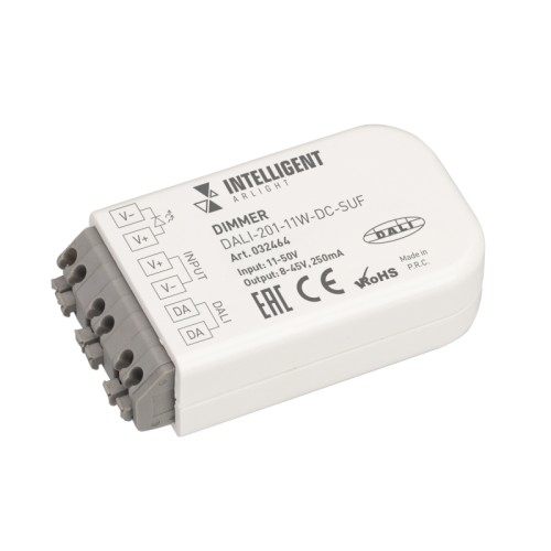 INTELLIGENT ARLIGHT Диммер DALI-201-11W-DC-SUF (8-45V DC, 250mА) (IARL, IP20 Пластик, 3 года) Диммер DALI для светильников. Вход 11-50V DC, выход 250mA 8-45V DC (в зависимости от выходного тока), выходная мощность 11.25 W. Размеры 60x35x16 мм.
Идеально подходит для замены штатных драйверов в малогабаритных трековых светильниках.